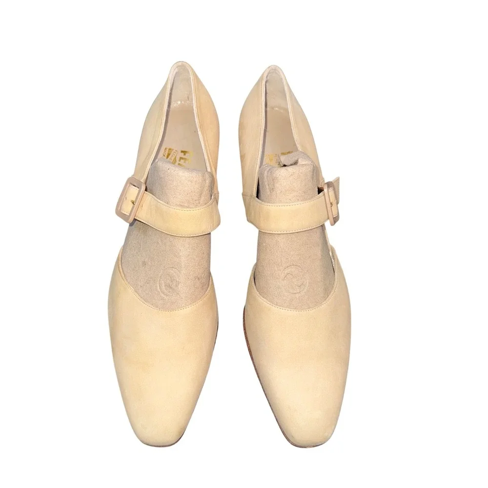 Salvatore Ferragamo Vintage Beige Nubuck Strap Loafers Square Toe NARROW 8 4A